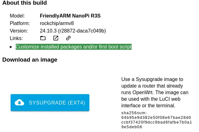 Firmware Selector page for NanoPi R3S