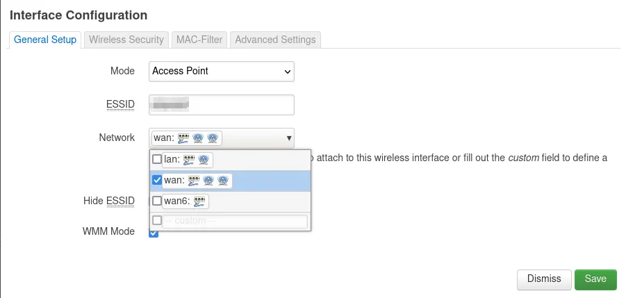 Interface settings for wireless network in OpenWRT Luci