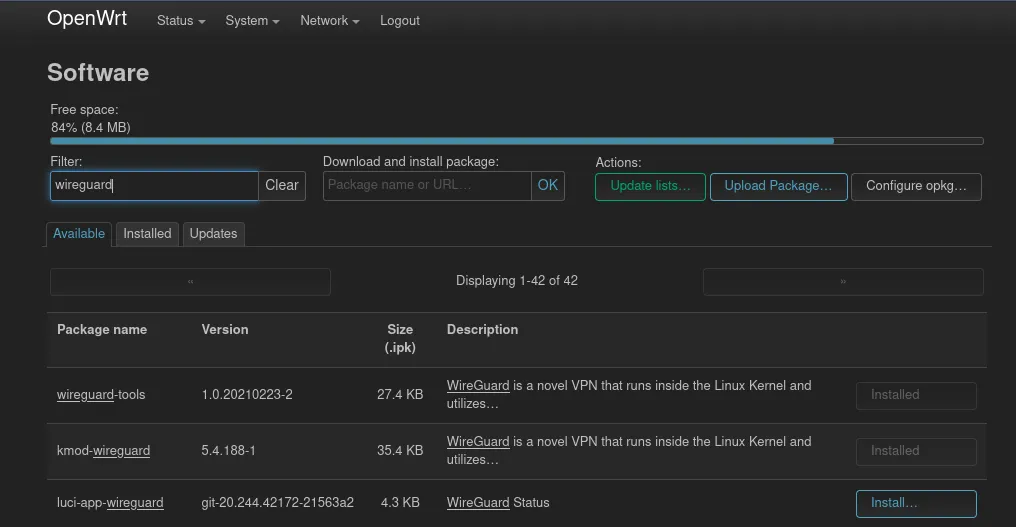 Searching for wireguard packages