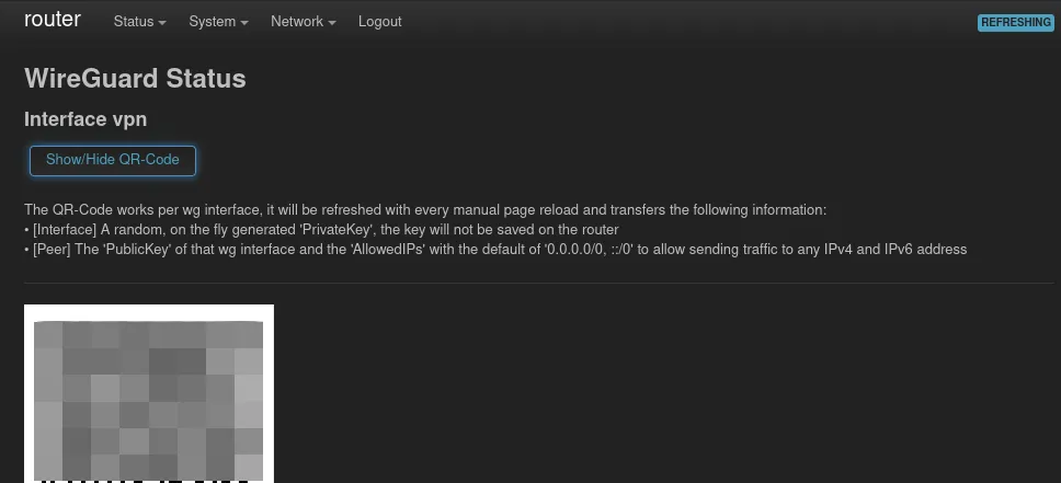 Show the QR Code of the Wireguard configuration